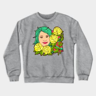 Green Haired Woman with Yellow Roses Crewneck Sweatshirt